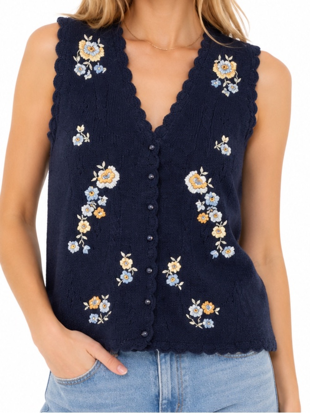 Carolyn Taylor Embroidered Floral Sweater Vest Navy Button Front Vintage